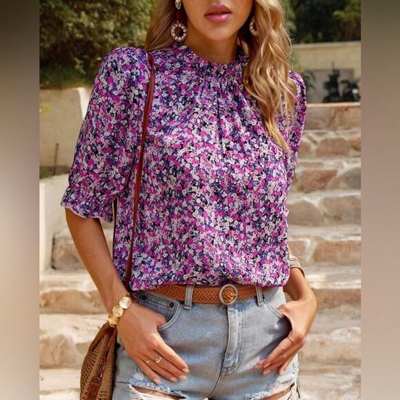 Floral Print Short Sleeve Blouse| Mock Neck with Ruffles - Picture 3 of 7